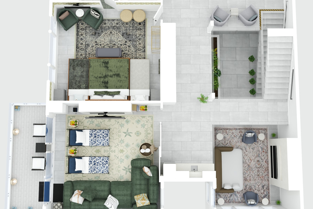 The second floor has the split-King primary bedroom with ensuite bathroom and private balcony, a King bedroom with ensuite bathroom, and the movie room with private balcony and minibar, which converts to a bedroom (with two twin beds and sliding door)
