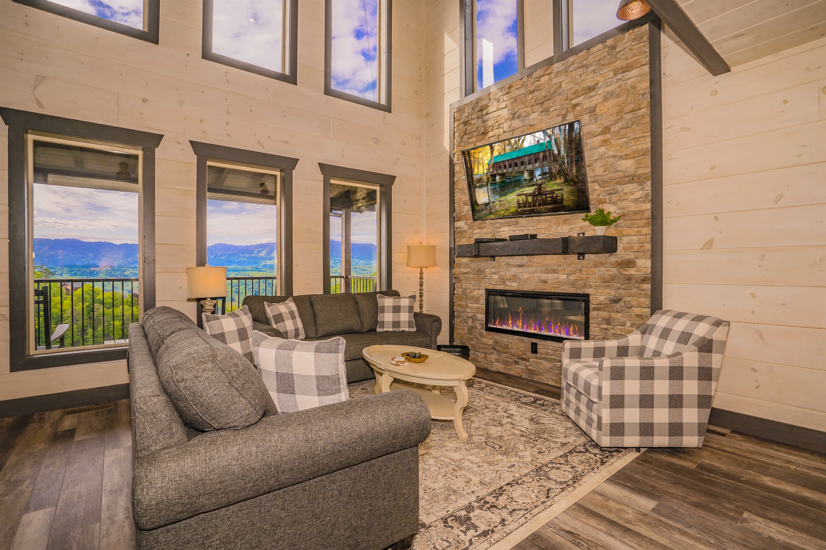 Living room with incredible panoramic mountain view!