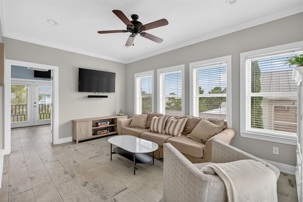 Third floor den, with games stocked in the console table
