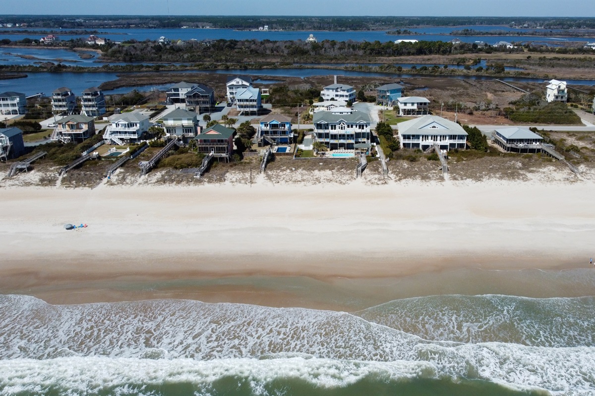 Oceanfront aerial view of North Topsail Beach homes and shoreline