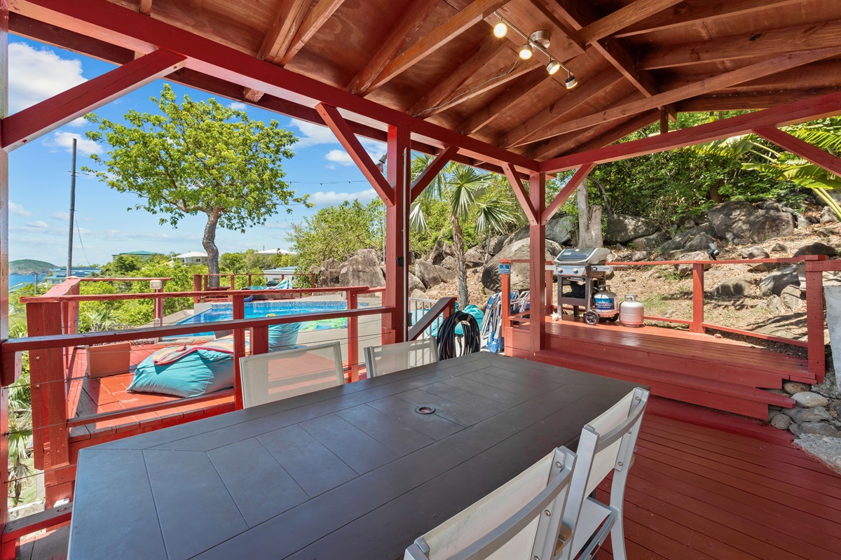 There are two grills on property, one on the pool deck and one off the kitchen on the front deck.