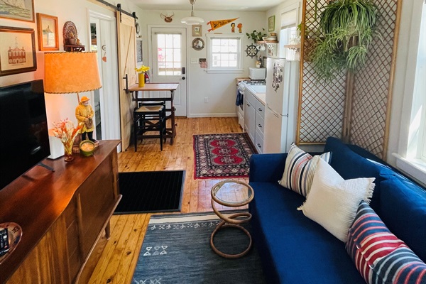 Living room looking into the kitchen.