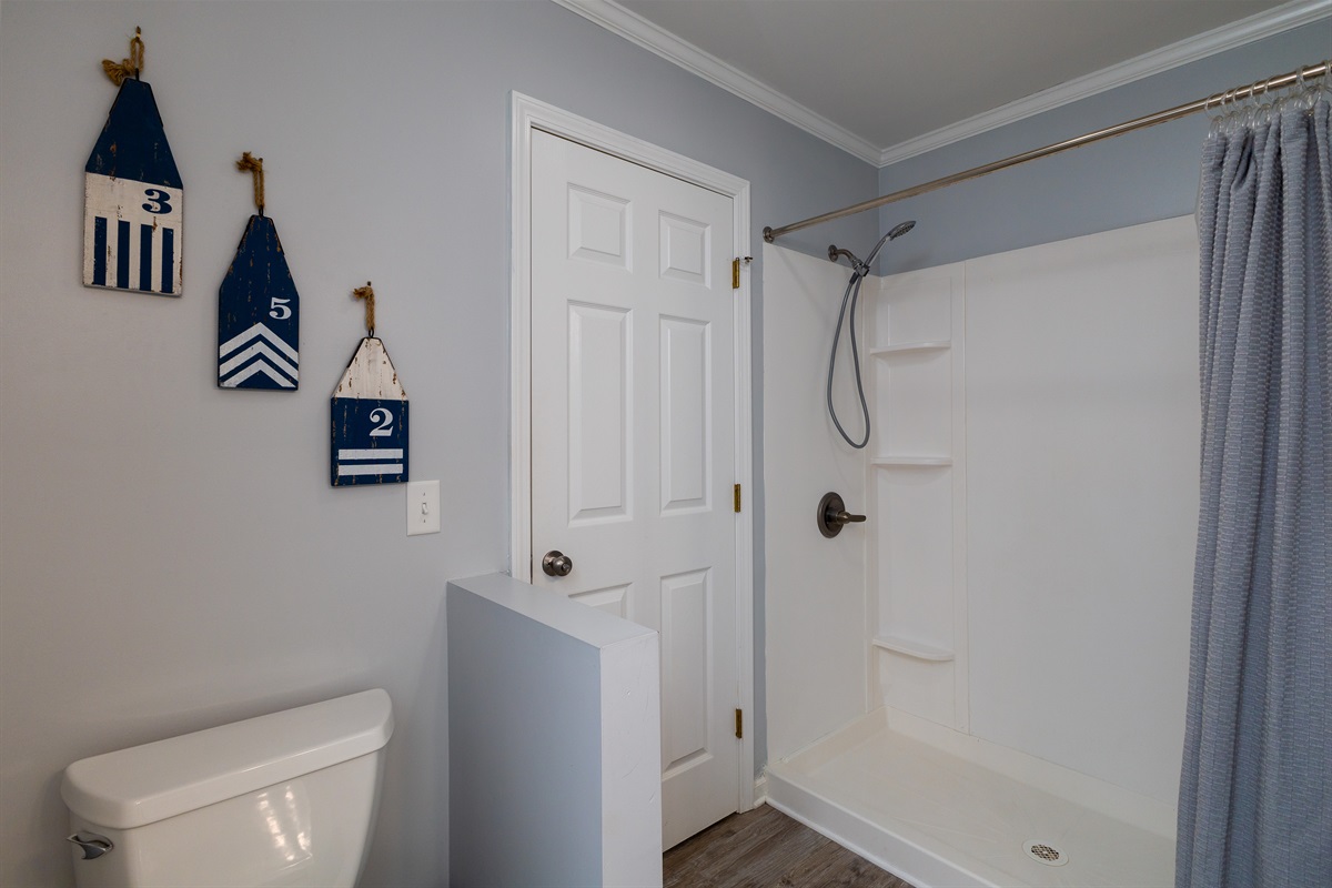 Stylish blue and white bathroom setup