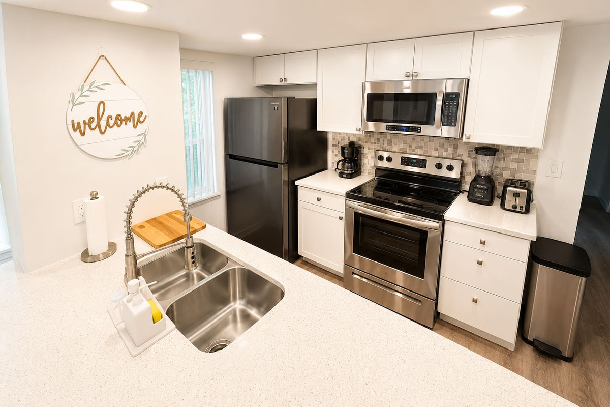 Fully equipped kitchen with a large island.