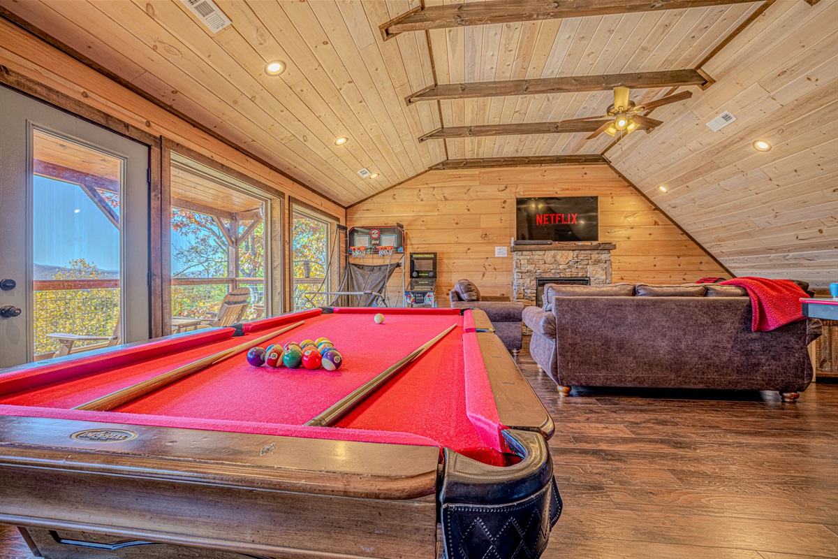 Shoot a game of pool with a picture-perfect Smoky Mountain backdrop.