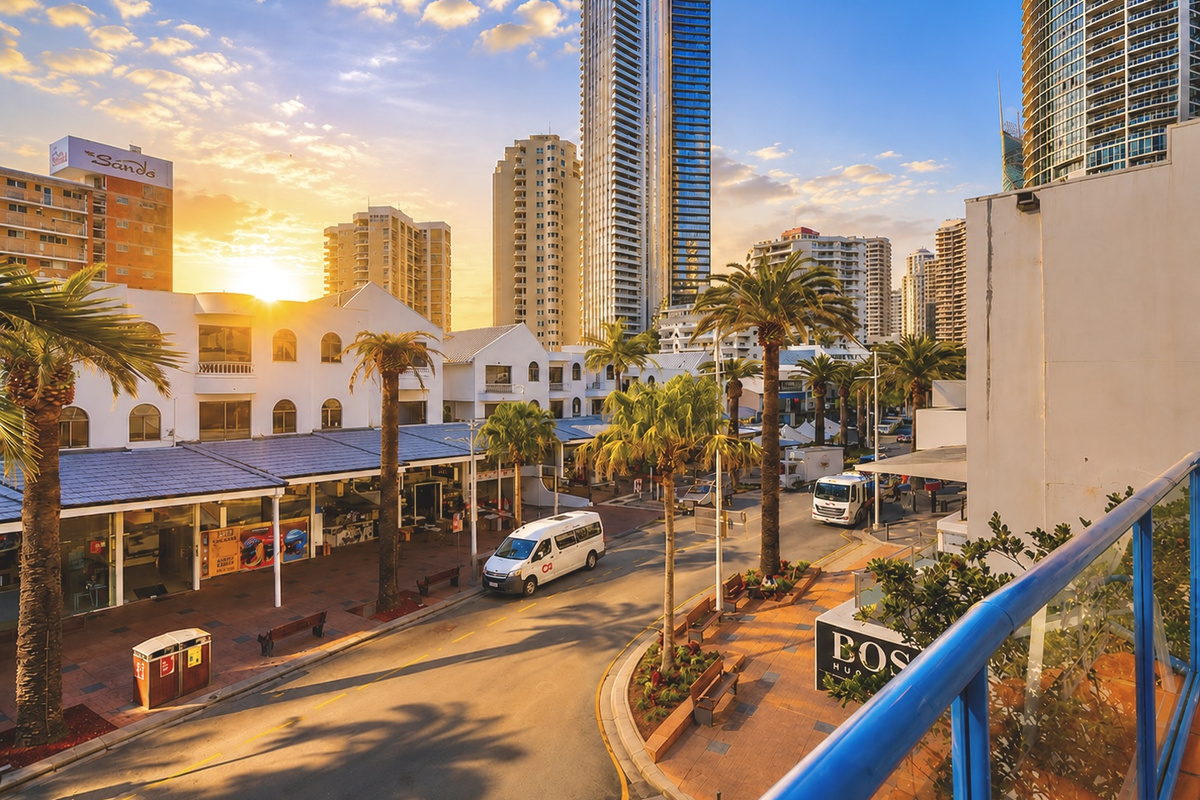 The balcony outlook at Robin’s Oceanview Penthouse captures an elevated view across central Surfers Paradise, framed by palms and surrounding towers.