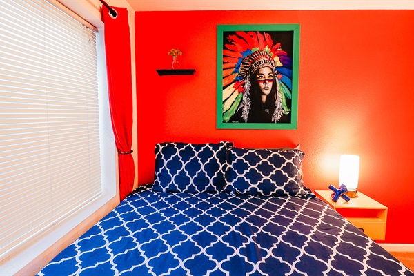 Immerse yourself in a symphony of hues and culture. The orange walls and blue mattress create a tranquil canvas, while the enchanting painting of an Indian woman adds a touch of timeless elegance. 🌈🎨 #ColorfulEscape #CulturalElegance