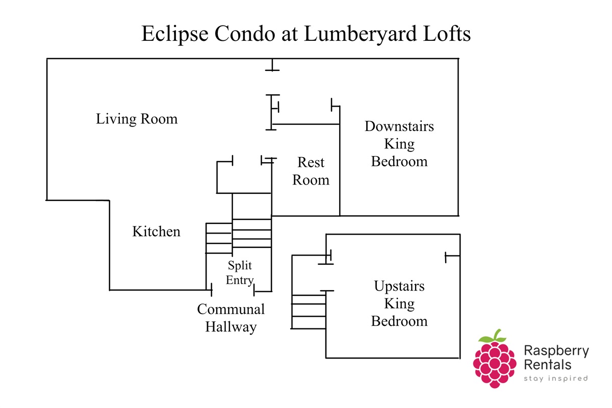 Floorplan for Eclipse Condo showing entryway leading upstairs to a king bedroom, or downstairs to the living room and kitchen, with restroom and king bedroom to the right.