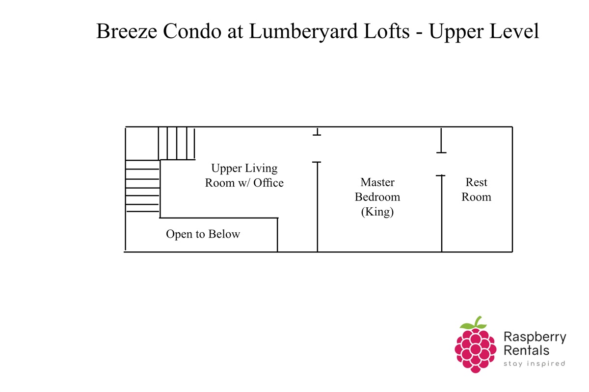 Floorplan to Breeze Condo's upper level showing a staircase with "L" turn into upper level living room, then master bedroom with king bed and large rest room.