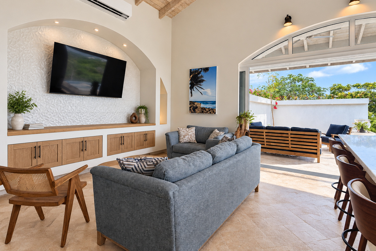 Living Room with pocket sliders and 72" TV