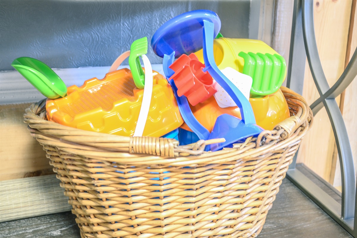Beach toys, there's also a beach blanket and towels