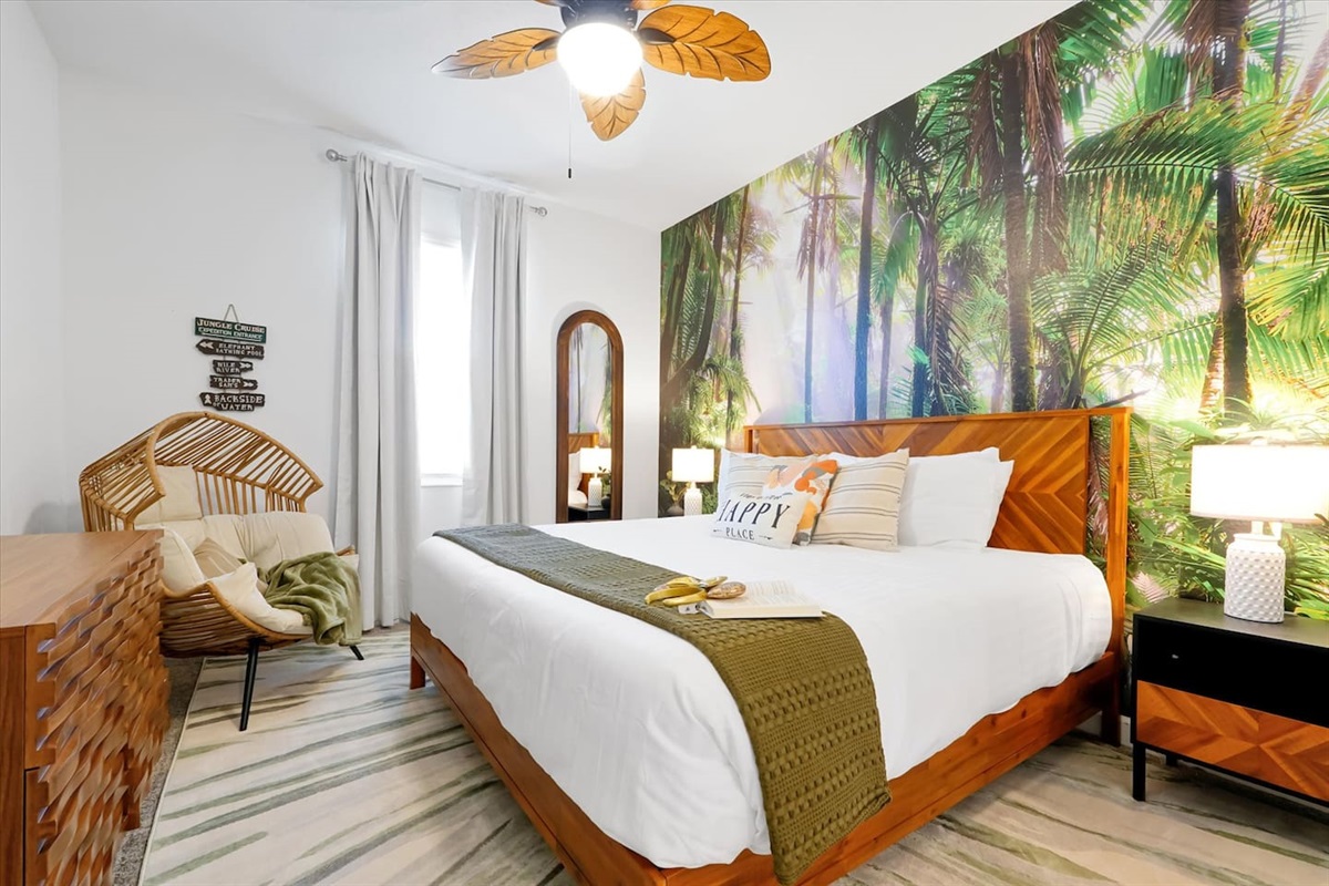 Strike a balance between themed fun and nice comfort in our Jungle Cruise bedroom located just off the entryway on the main floor. This room has a private entrance to a shared bathroom.