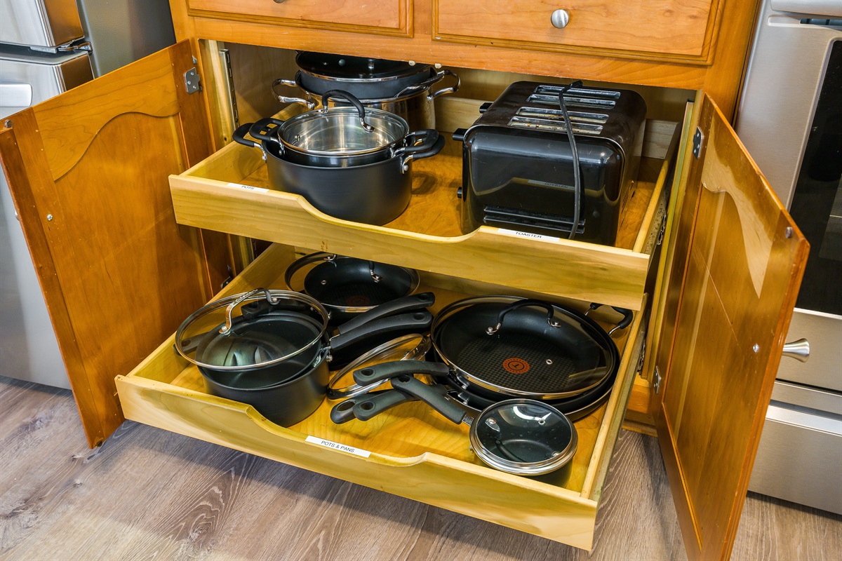 pots and pans, toaster plus a toaster oven