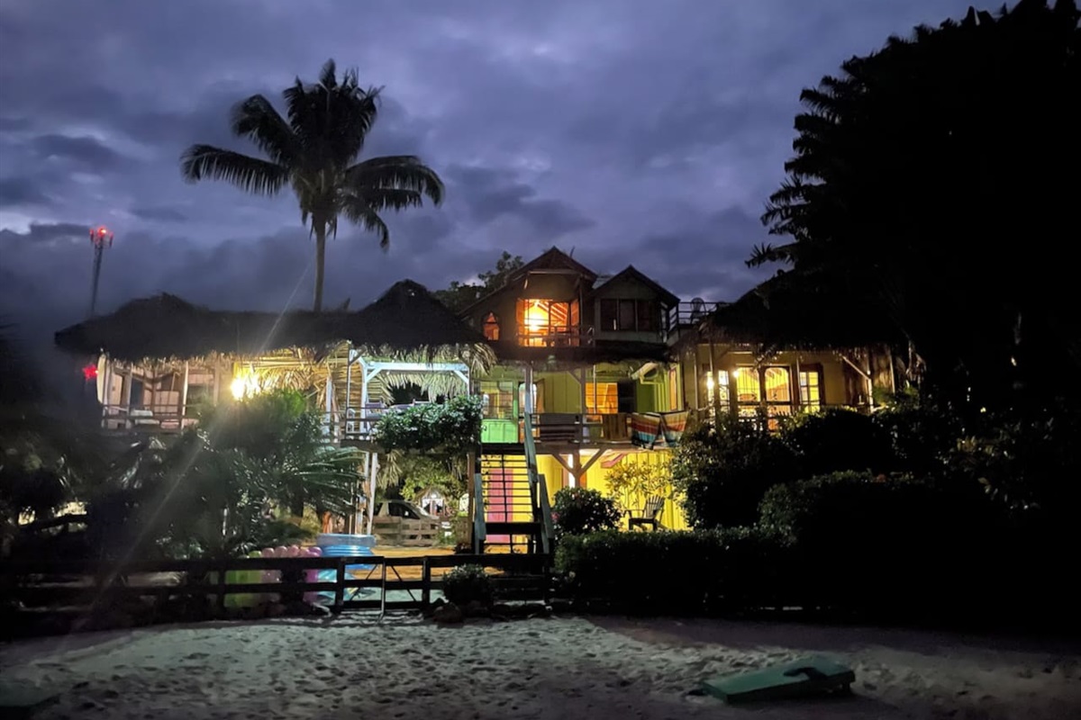 View of our villa from the beach at night.