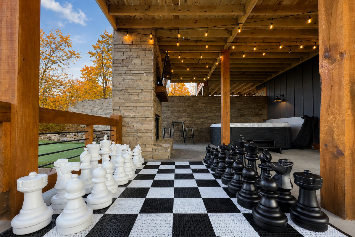 Giant chess and hot tub on lower level