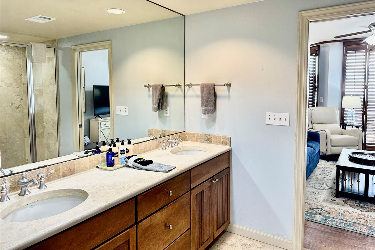 The vanity is large enough for everything you're able to bring with you! No fighting over counter space in here!