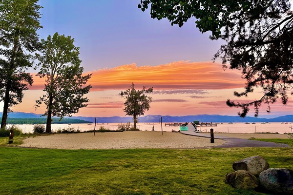 Glorious sunset over the pier and lake as viewed from the house