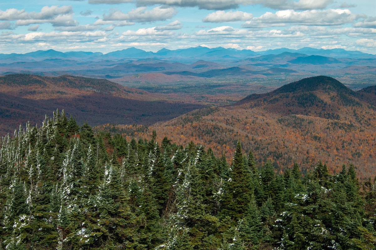 The Adirondack high peaks on an October morning (yes that's snow!) from the summit of Snowy Mountain, a climb just south of Indian Lake that is harder than many of the 46'ers.