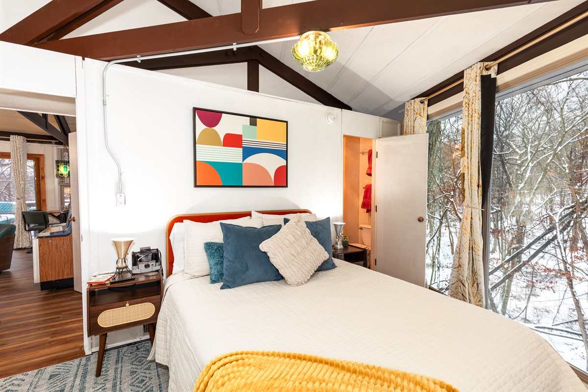 Queen memory foam mattress in bedroom with ensuite full bathroom