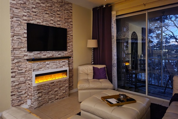 As the sun sets over the beautiful lake, it's time to light a fire and catch a flick - just push the button