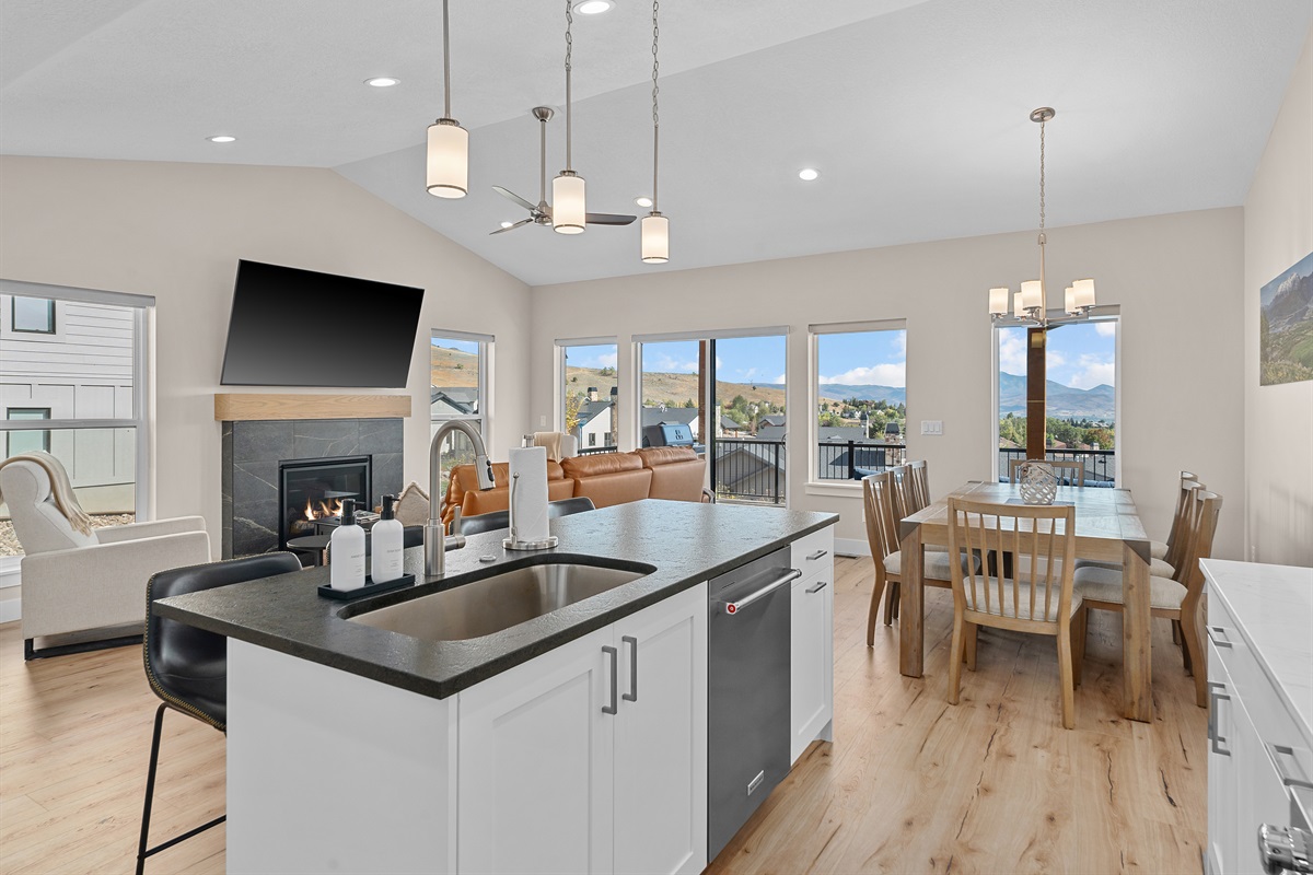 Open kitchen and dining area designed for connection and entertaining.