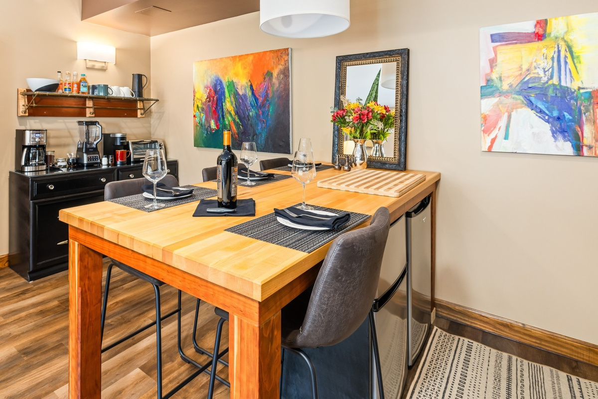 Dining Island seats 5 comfortably, 6 snuggly. Perfect for gathering around appetizers, prepping meals, and card games together.