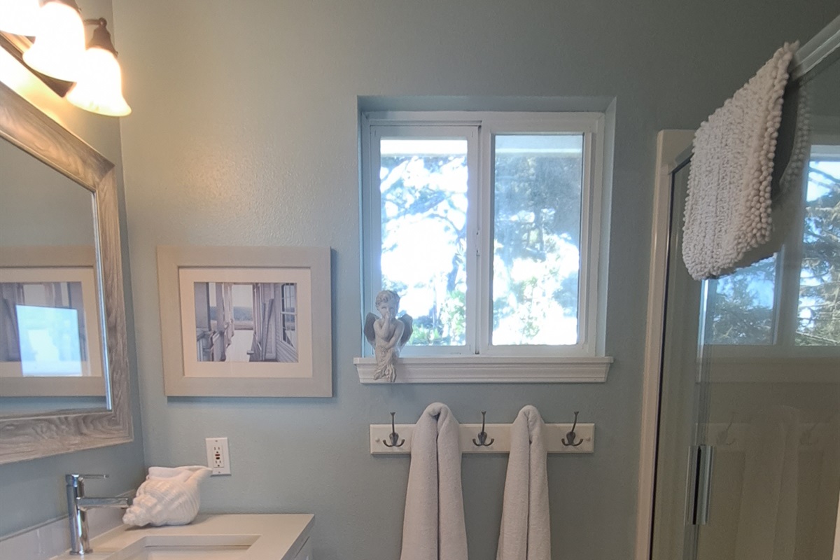 Master bath features fresh white towels and a walk-in closet.
