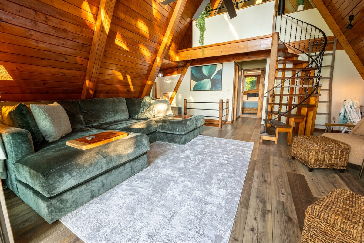 Fun spiral staircase to loft bedroom and optional room darkening curtains.