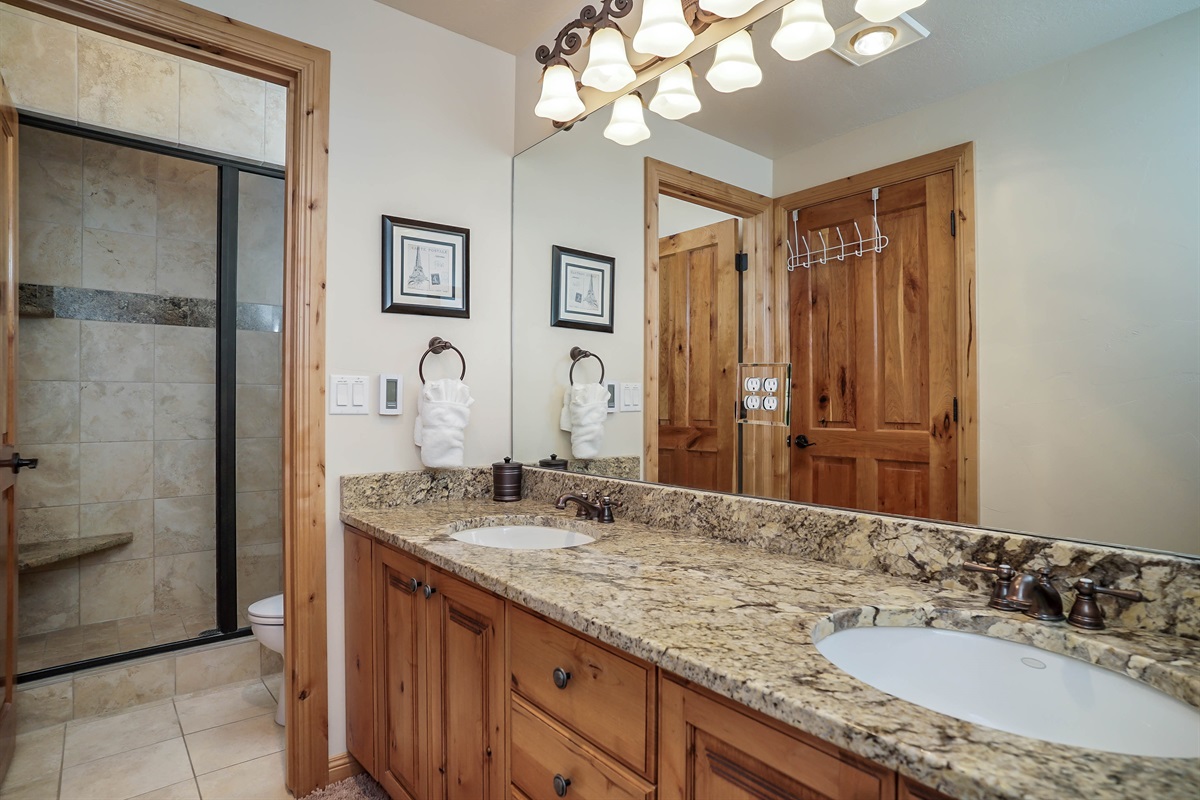 Primary bathroom featuring a double vanity and a large walk-in shower.