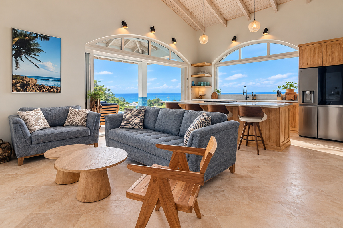 Living Room with pocket sliders and 72" TV