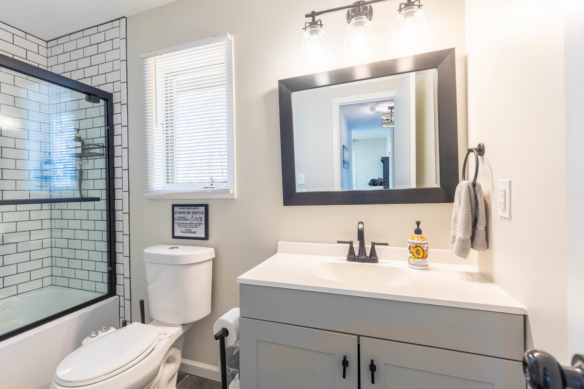 Our upstairs bedroom is the perfect place to soak in the bath after a long day.