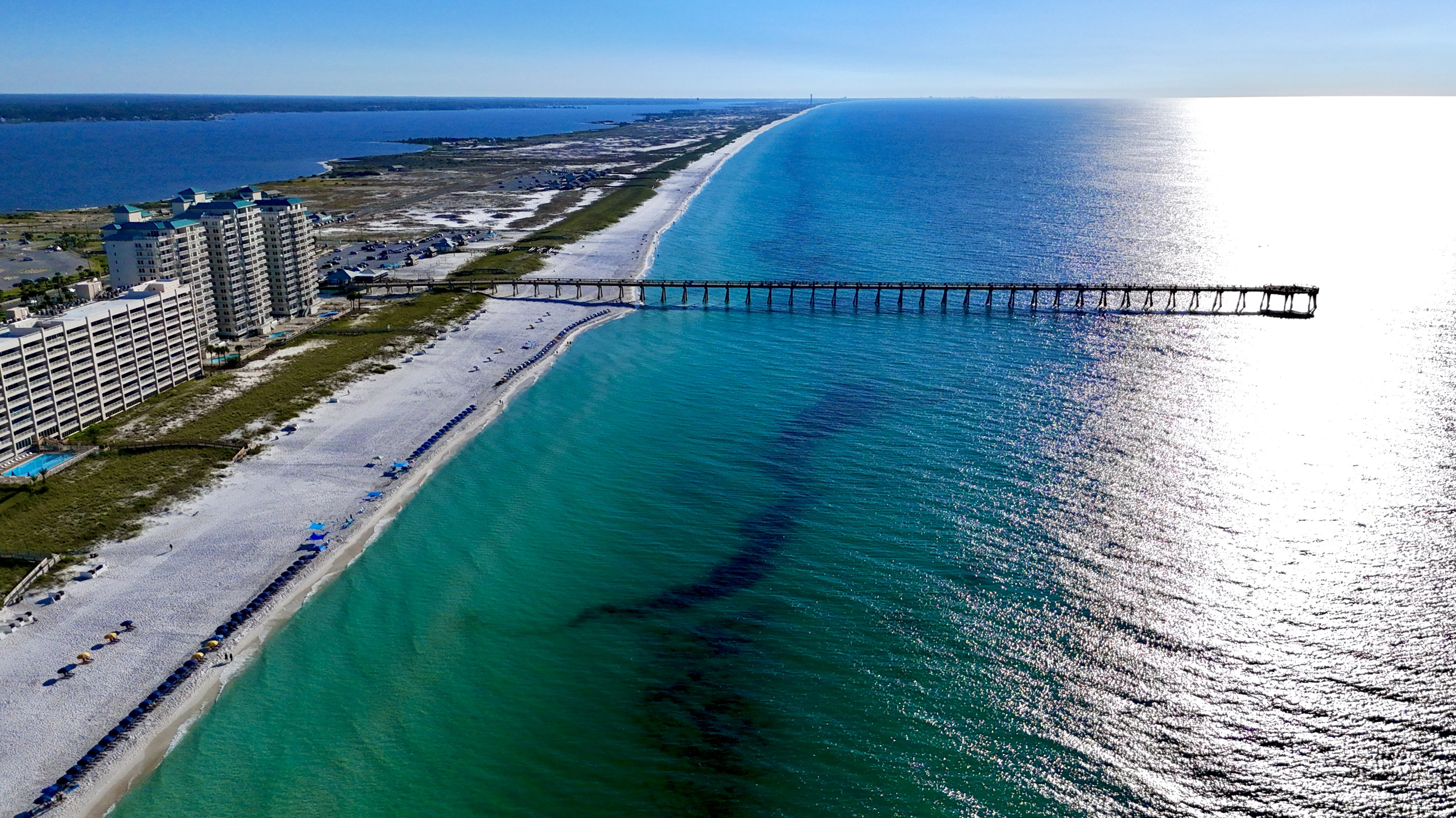 The Navarre Beach Fishing Pier looking into the Gulf Islands Seashore