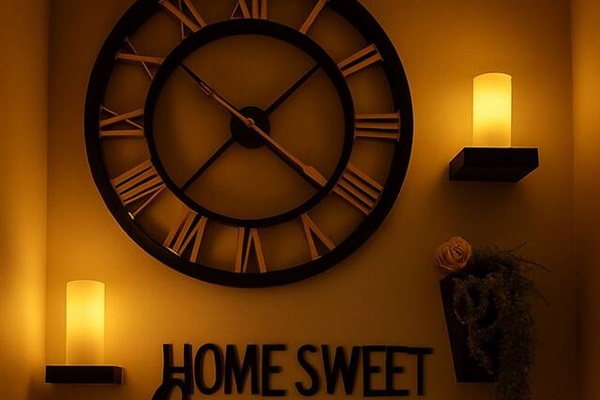 Decorative wall clock and soft candlelight add warmth and a welcoming glow to the hallway space.