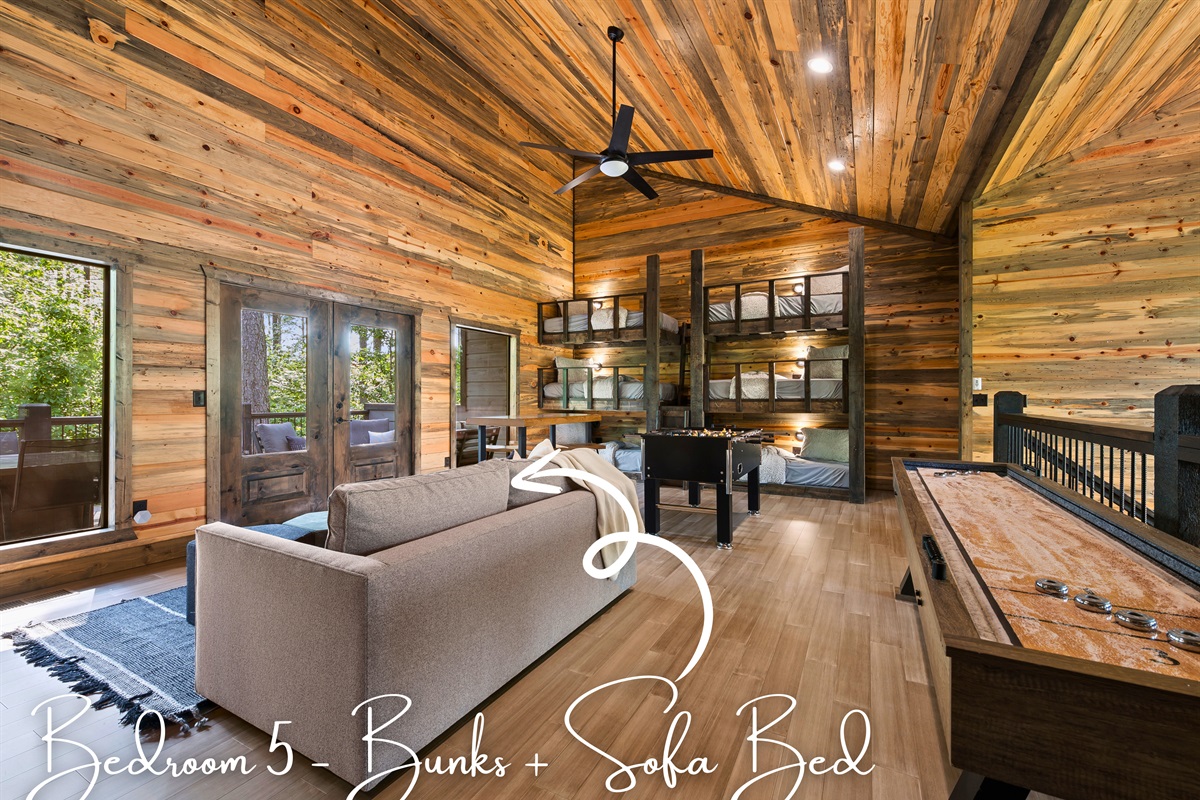 A spacious multi-functional area with cozy bunk beds