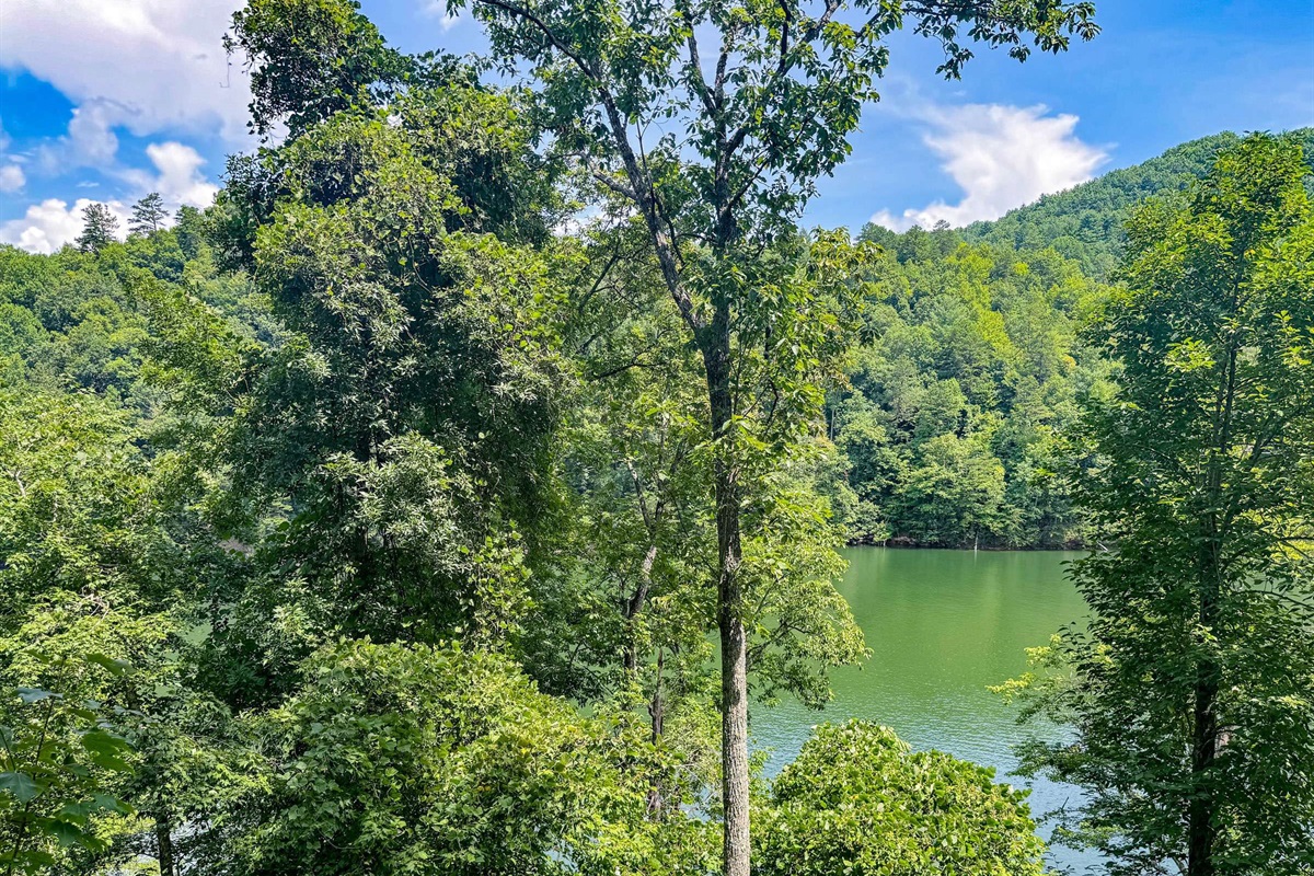 A view of Fontana Lake from the staircase. There is a nice rocking chair to just sit and enjoy some alone time or enjoy a cup of coffee in the morning while reading a book.