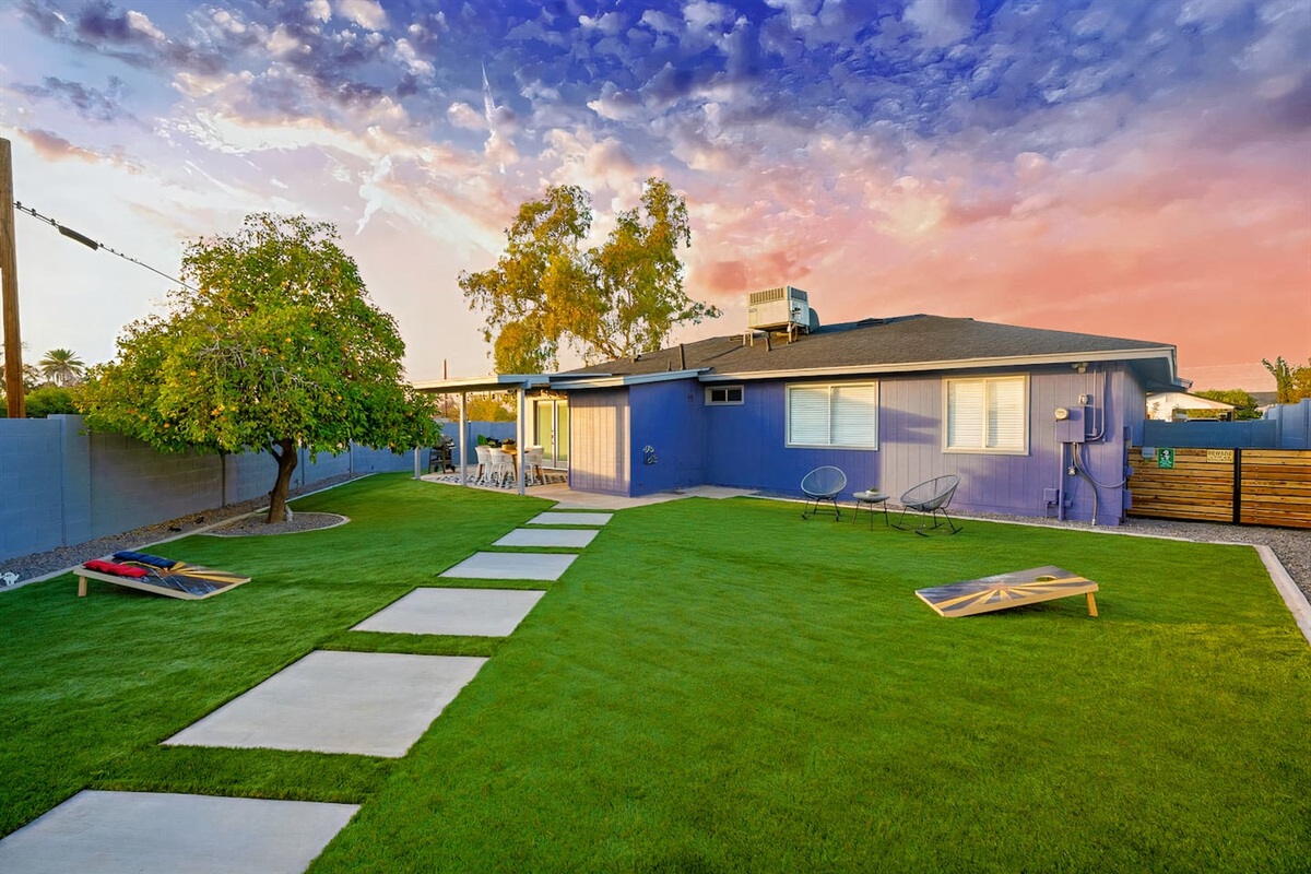 Huge back yard with soft artificial turf.