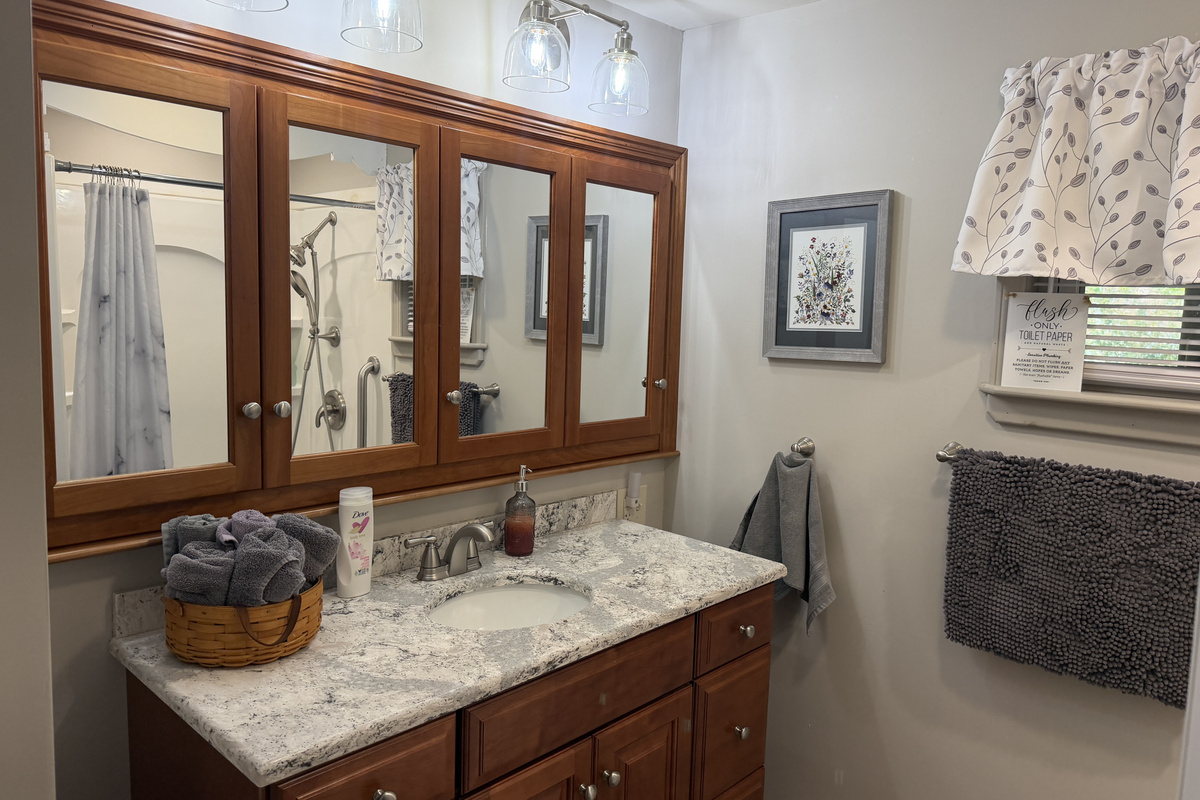 Main level bathroom off hallway w/ shower
