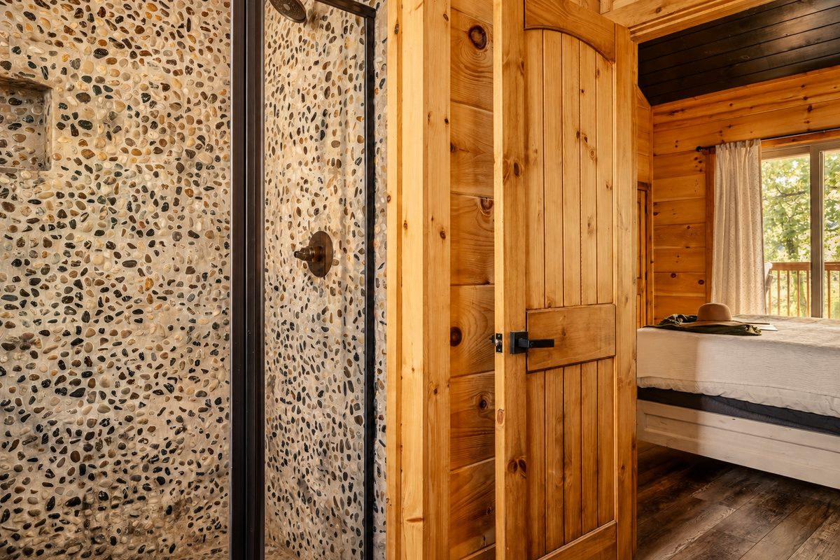 Rinse off in the pebble shower, then pad back to bed with leafy views beyond.