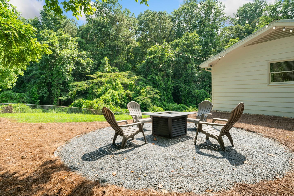 Quiet outdoor space to relax under the string lights