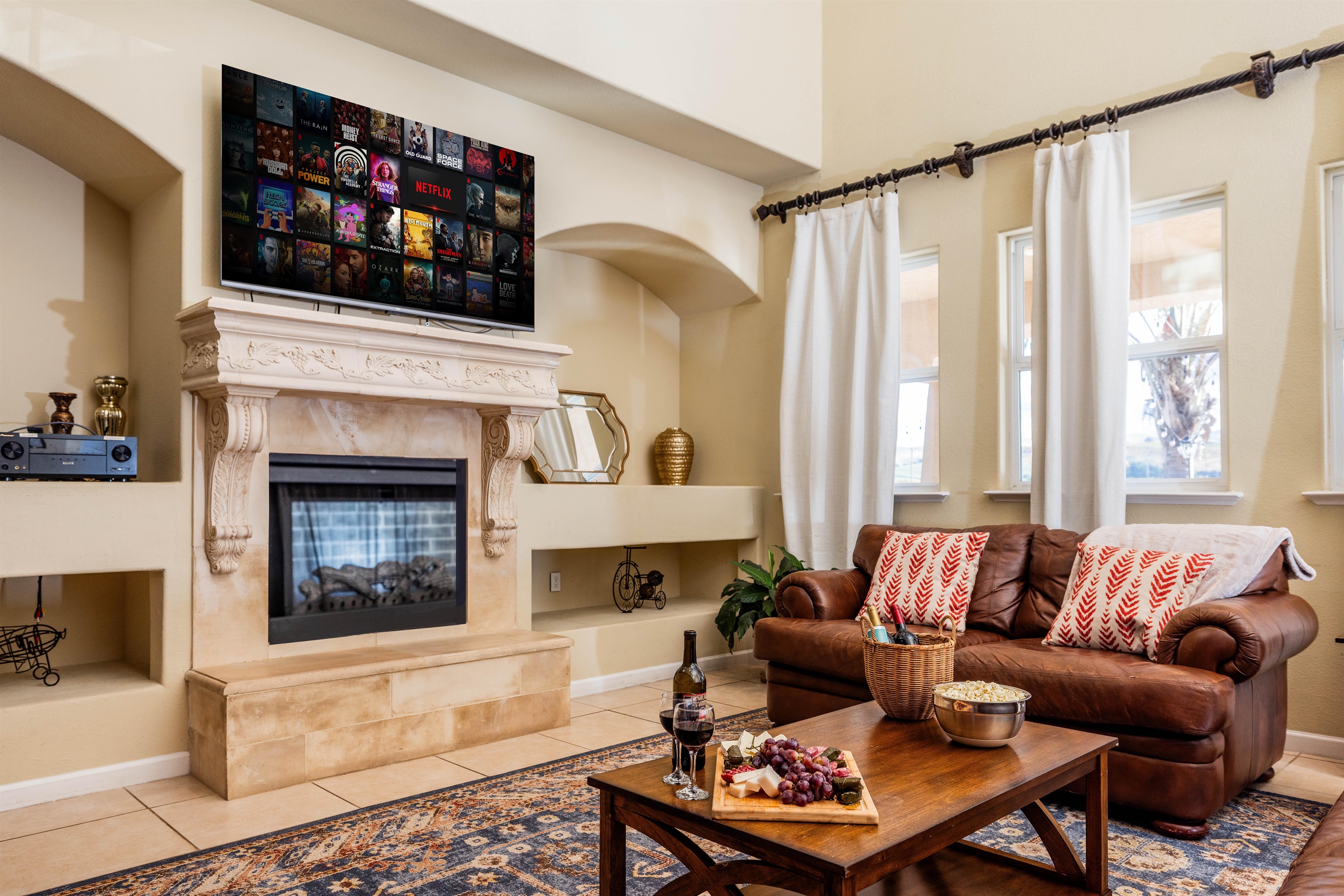 Our livingroom, perfect for viewing sports, work presentations, or cuddling up with a movie.