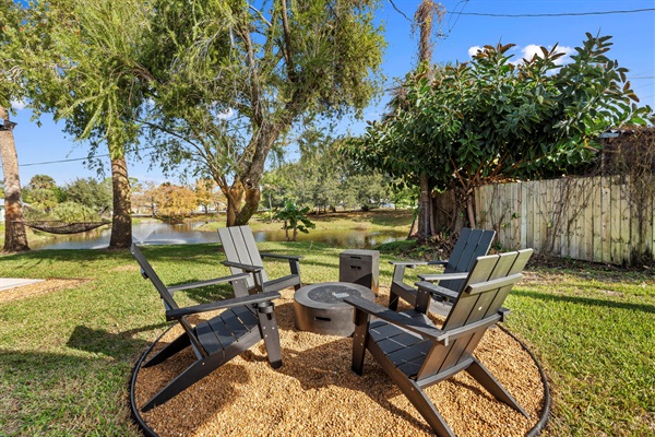 Fire pit overlooking pond