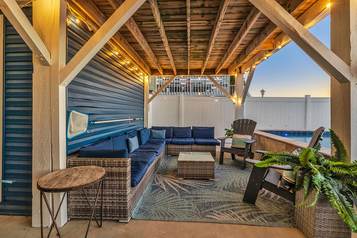Additional shaded seating area by the pool