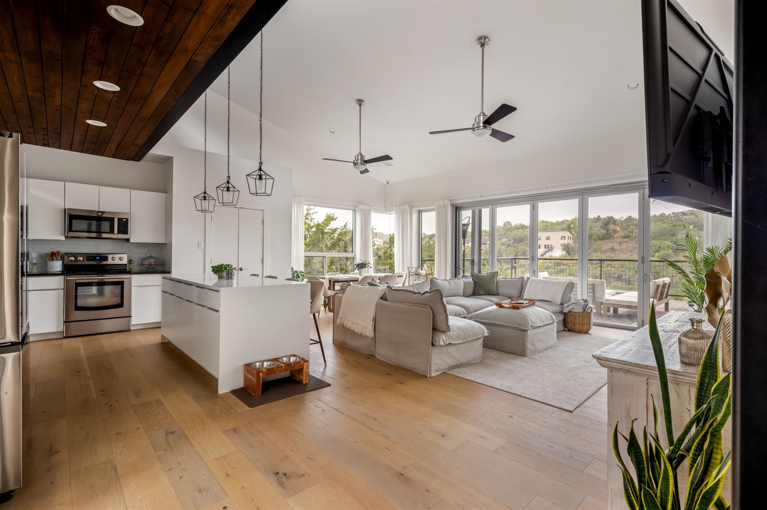 Open kitchen and living space filled with natural light