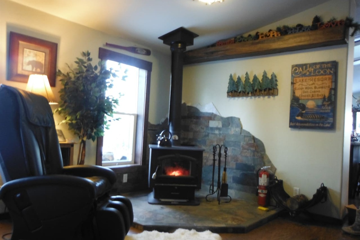 Relax in the massage chair next to a roaring fire!