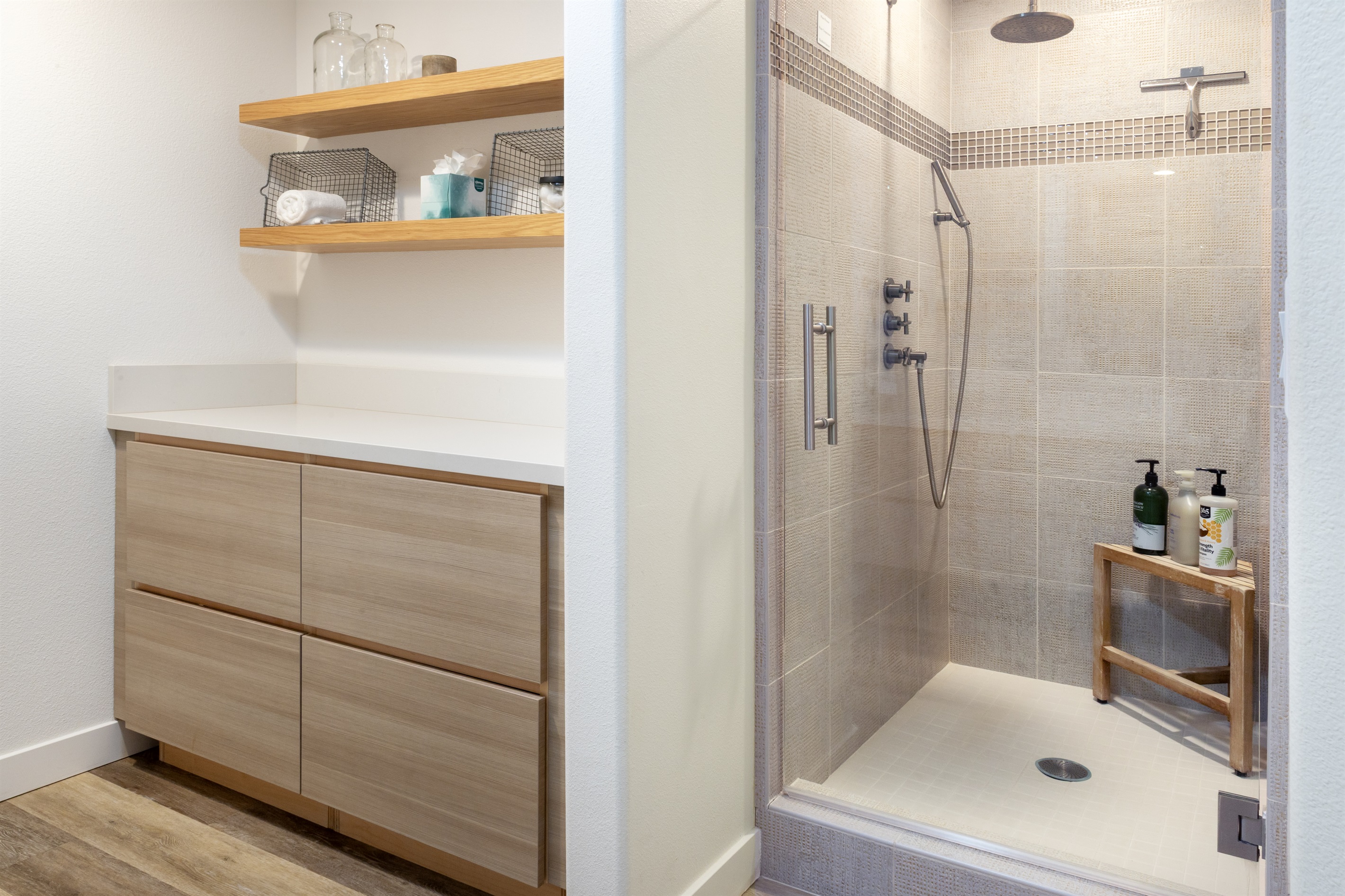 Shower
Rainfall showerhead, designer tilework, and curated bath products — your private spa is ready when you are.