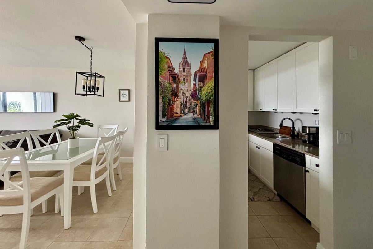 The kitchen is right next to the dining room.