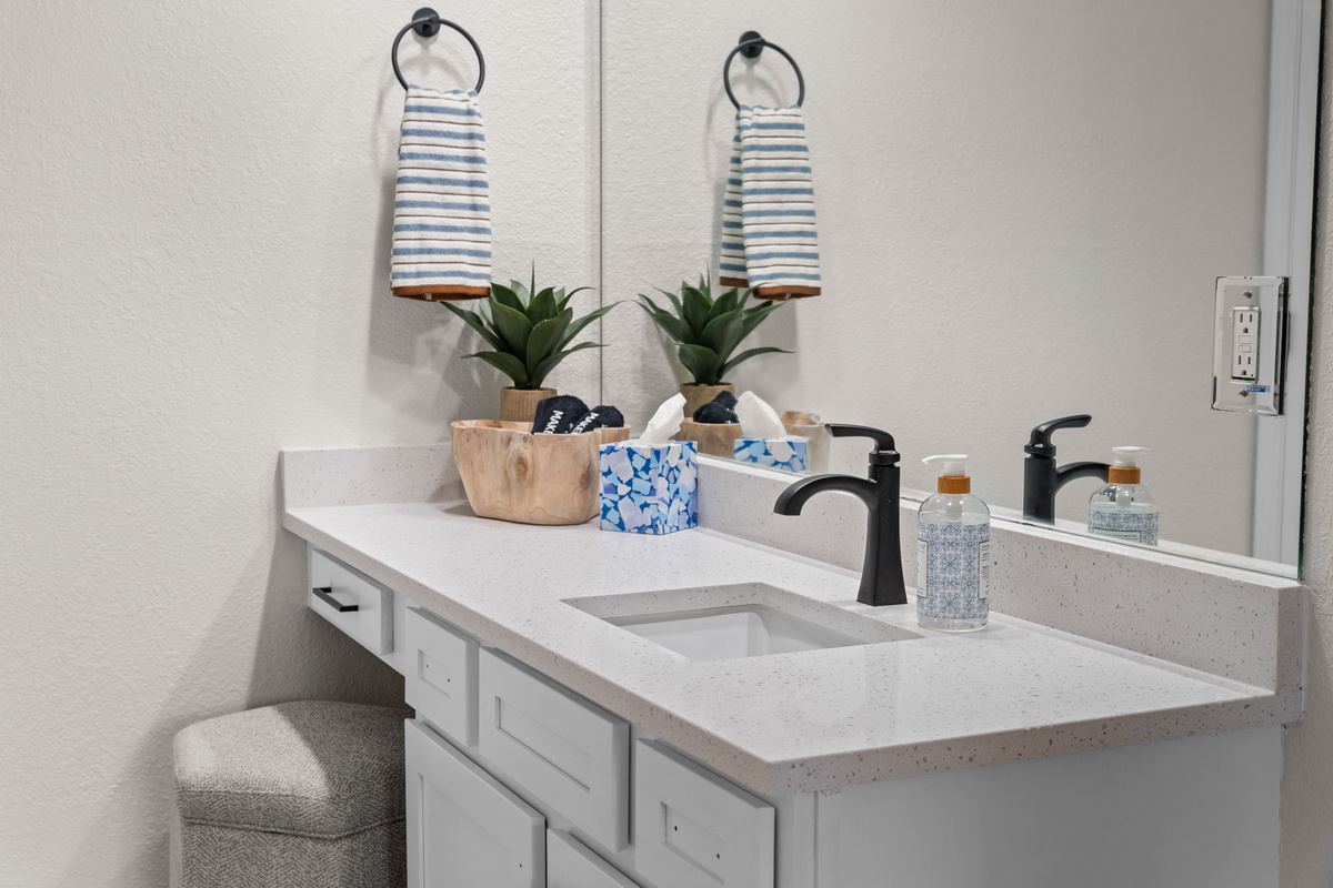 The primary ensuite has a spacious vanity and a separate tub, shower, and toilet area.