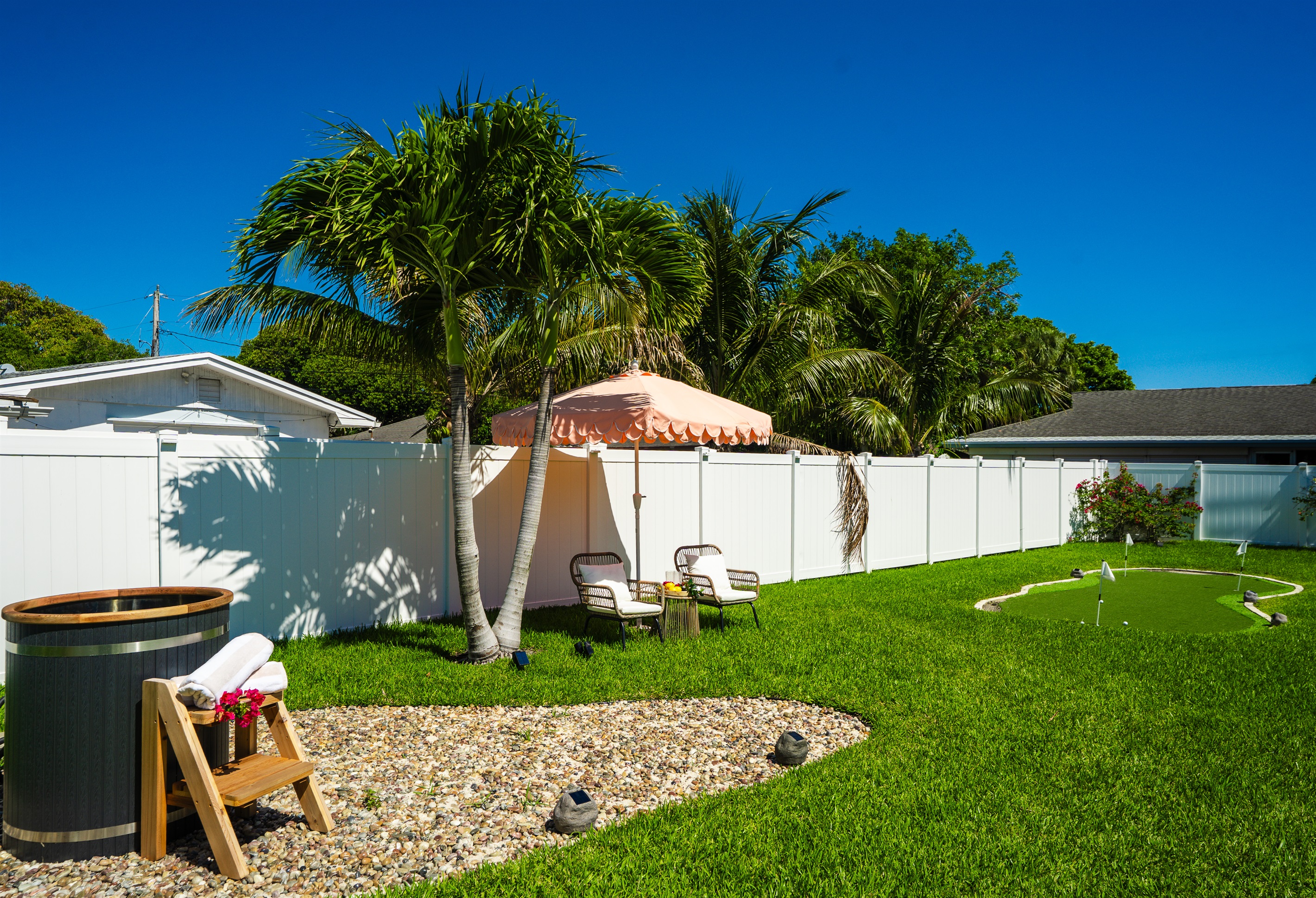 Recharge and recover in your own private cold plunge oasis, surrounded by tropical landscaping and peaceful outdoor vibes. Perfect for morning wellness routines, post-beach recovery, or relaxing under the stars after a day exploring Palm Beach