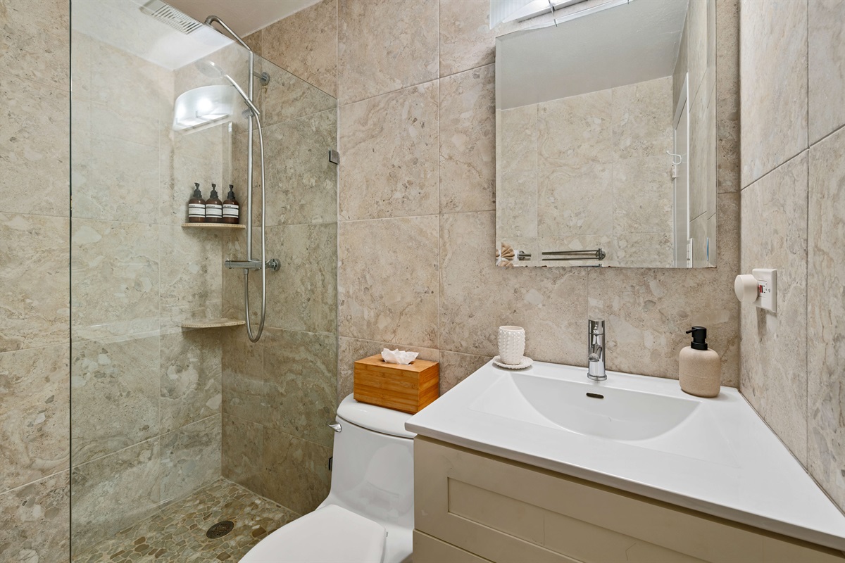 This bathroom belongs to the guests on the murphy bed.