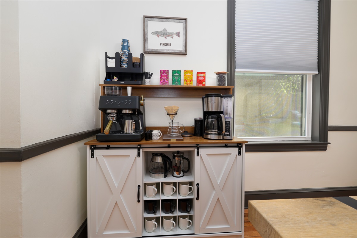 Full coffee complimentary coffee and tea. Choose your style, espresso, pour over, french press or classic